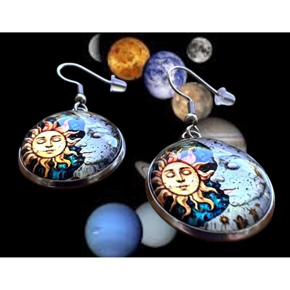 Sun Moon Earrings Navy Blue Eclectic Planet Astrology Zodiac Celestial Tarot New - Picture 5 of 11